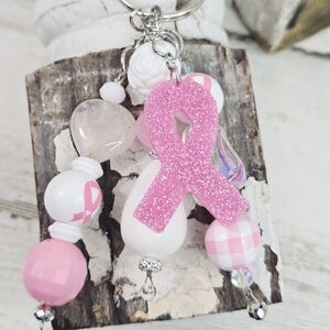 Handmade Pink Glitter Ribbon Keychain / Purse Charm - Breast Cancer
